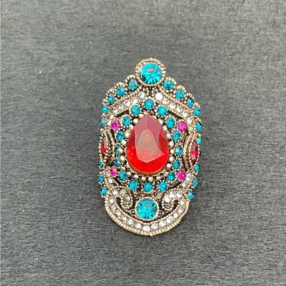 Vintage Turkish Red Crystal Turquoise CZ Statement Ring Gold Rare Luxe Boho - Picture 9 of 9
